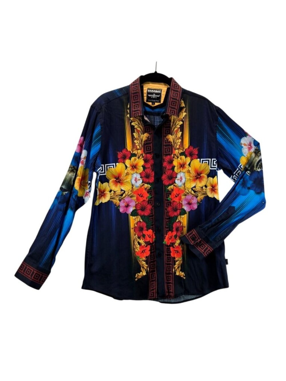 Barabas Greca Hibiscus Men Shirt L Blue Muli Color Button Floral Tropical Tiger